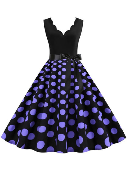 Polka Dot Print Vintage Women Summer Dress Black Patchwork Sleeveless V Neck Elegant Party Dresses Casual Robe Midi