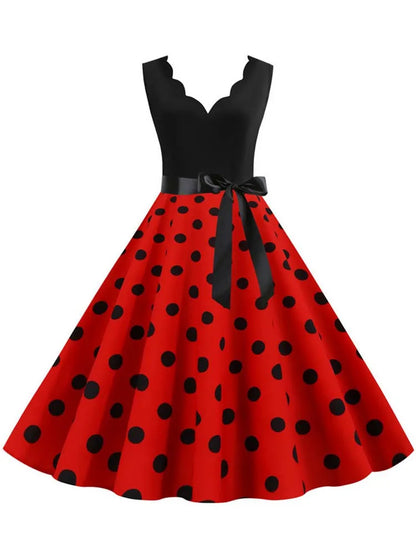 Polka Dot Print Vintage Women Summer Dress Black Patchwork Sleeveless V Neck Elegant Party Dresses Casual Robe Midi
